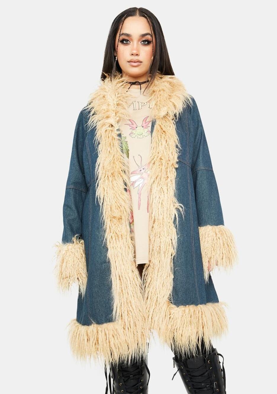 Dolls Kill Current Mood Dark Blue Denim Penny Lane Coat Faux Fur Accents Size 3X